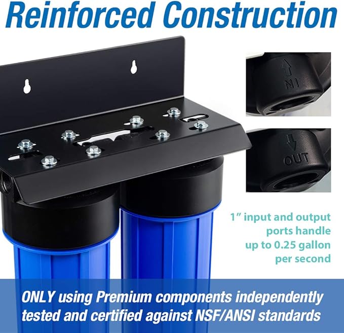 iSpring WGB22B-PB+AHPF12MNPT16X2 2-Stage Whole House Water Filtration System with 20” x 4.5” Carbon Block and Lead Reducing Filters and 3/4" Push-fit Stainless Steel Hose Connectors, Blue