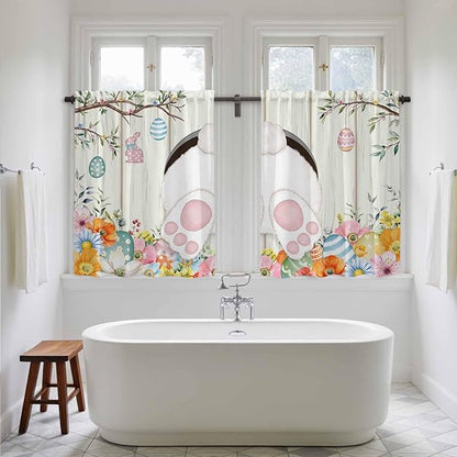 Easter Kitchen Tier Curtains 45 Inch Long 2 Panel Set,Rod Pocket Short Window Treatment,Spring Farmhouse Watercolor Bunny Eggs Wood Grain Light Filtering Curtains & Drapes for Bathroom 27.5"W x 45"L