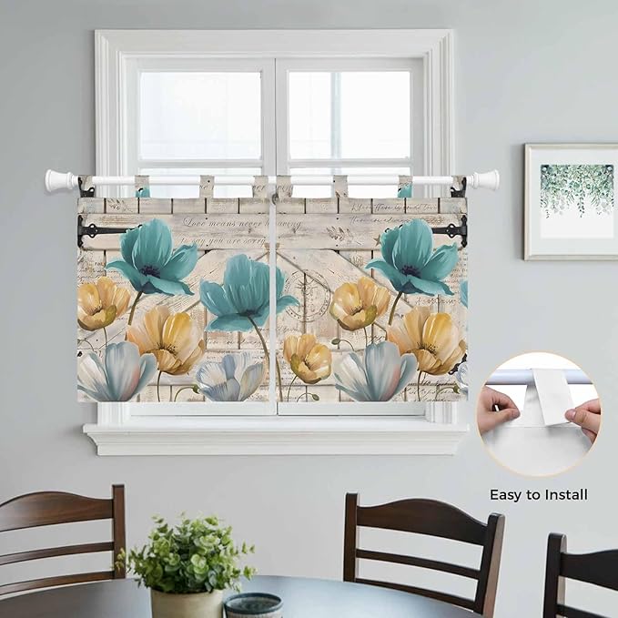Watercolor Flowers Kitchen Curtains 24 Inch Length, Small Window Curtains Tab Top, Vintage Tulips Floral Barn Doors Wood Grain Light Filtering Short Window Treatments Tier Drapes 27.5"x24" 2 Panel