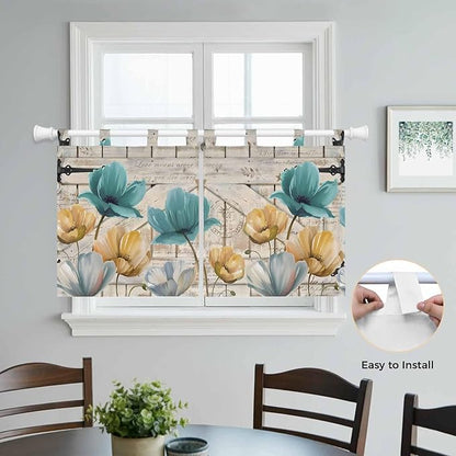 Watercolor Flowers Kitchen Curtains 24 Inch Length, Small Window Curtains Tab Top, Vintage Tulips Floral Barn Doors Wood Grain Light Filtering Short Window Treatments Tier Drapes 27.5"x24" 2 Panel