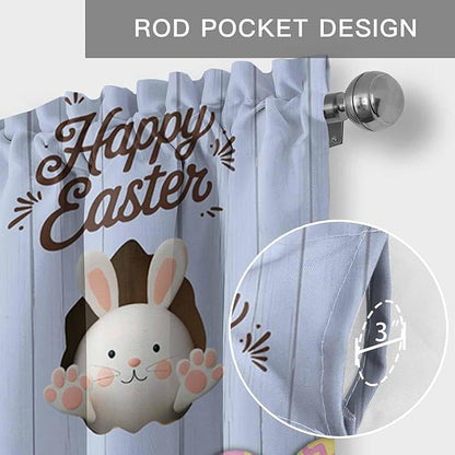 Blue Easter Curtain Valances for Windows, Kitchen Valance Window Treatment, Spring Cartoon Bunny Colorful Eggs Wood Grain Light Filtering Block Curtains for Bathroom/Bedroom/Living Room 60'' x 18''