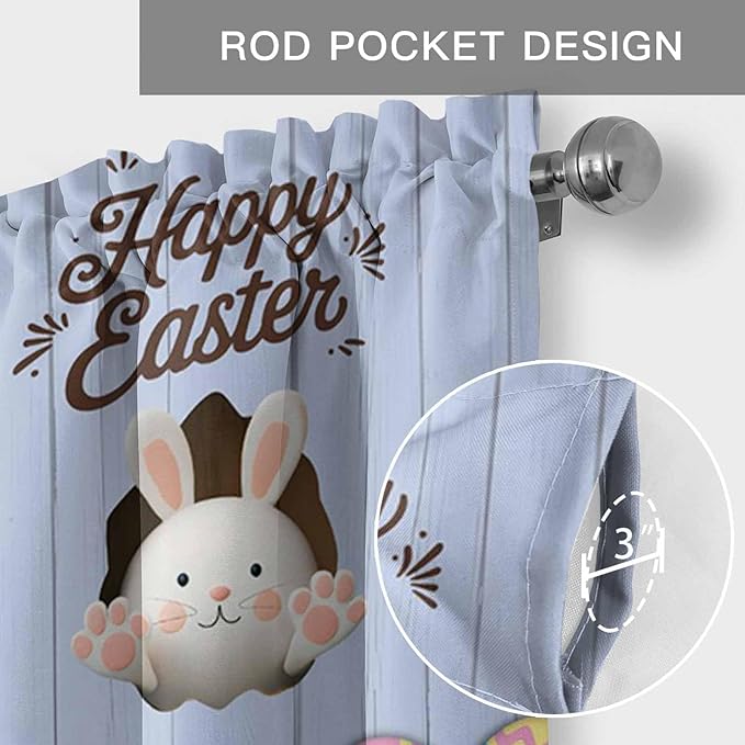 Blue Easter Curtain Valances for Windows, Kitchen Valance Window Treatment, Spring Cartoon Bunny Colorful Eggs Wood Grain Light Filtering Block Curtains for Bathroom/Bedroom/Living Room 42'' x 12''