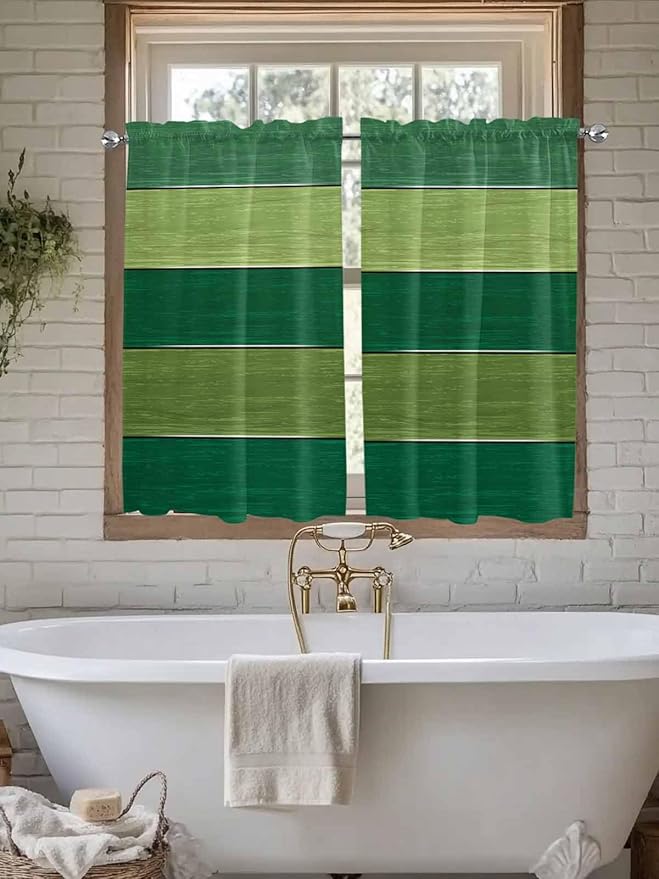 Farm Retro Green Wood Grain Window Valance Curtains, Rustic Wooden Plank Texture Light Filtering Kitchen Valance with 3-inch Rod Pocket for Living Room Bathroom Bedroom,2 Panel,42x45In
