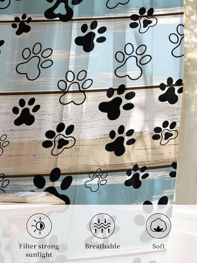 Sheer Curtains 84 Inches Long, Blue Beige Paw Print Semi Sheer Curtains Light Filtering Window Treatment, Vintage Farmhouse Country Wood Grain Privacy Voile Drapes for Living Room Bedroom 52x84 Inch