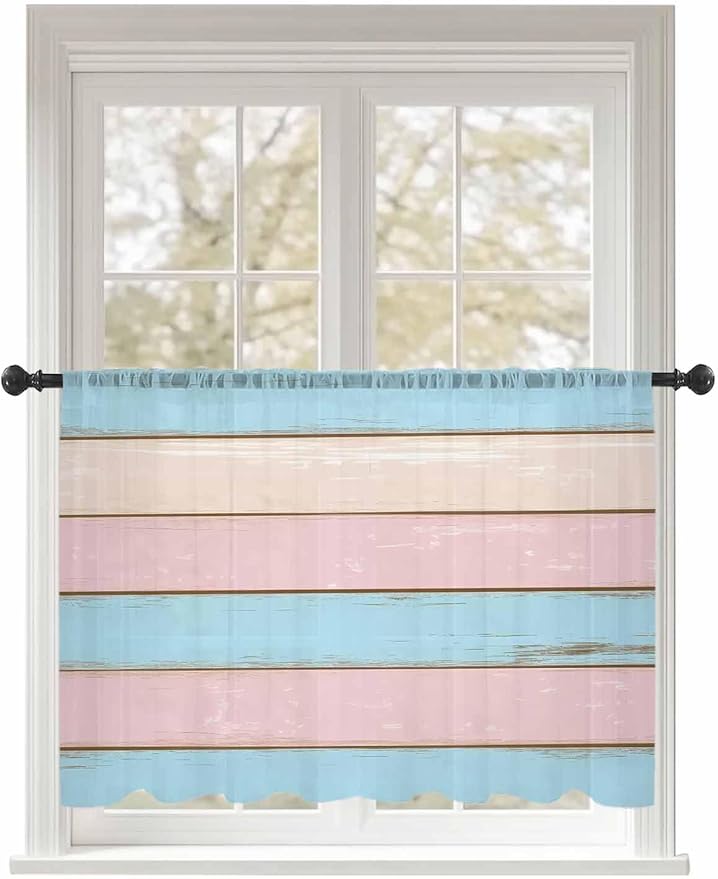 Sheer Curtains 45 Inch Length, Pink Blue Wood Grain Semi Sheer Curtains Light Filtering Window Treatment, Farmhouse Country Shabby Striped Privacy Voile Drapes for Living Room Bedroom 52x45 Inch