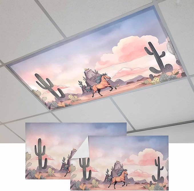 Fluorescent Light Covers for Drop Ceiling Watercolor Running Horse Cactus Magnetic Light Filters, Desert Hill Ombre Sky Ceiling Shade Filters for Home Classroom Office,2x4 ft,2Packs