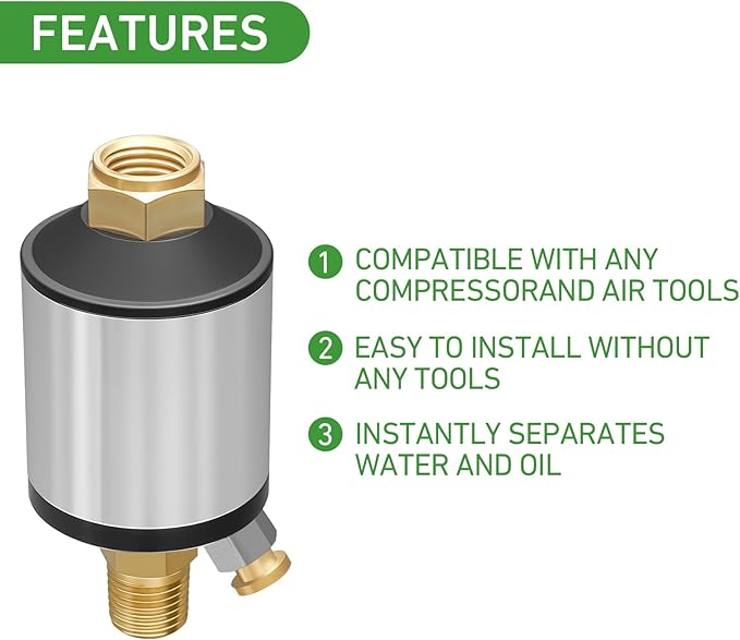 Watflow Air Compressor Water Separator Filter for Air Line, 1/4" NPT Inlet and Outlet, 150 psi, Protect Tool for Pneumatic