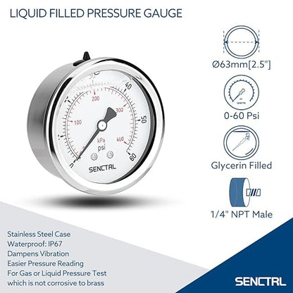SENCTRL 0-60 Psi Glycerin Liquid Filled Low Pressure Gauge, 2.5" Dial Size, 1/4" NPT Back Mount, Stainless Steel Case, for Pool Sand Filter Pump Tire Water Oil Air Pressure Test