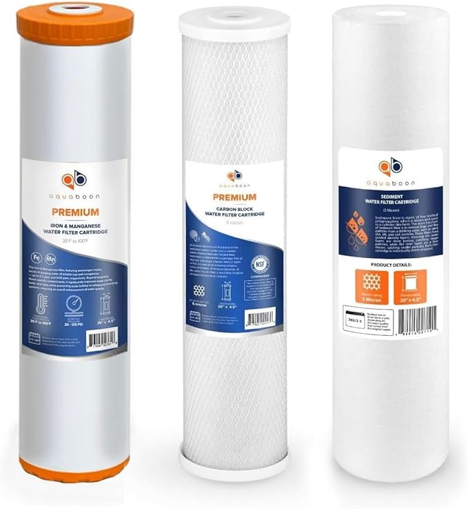 Aquaboon 5 Micron 20 x 4.5 Sediment, Iron & Manganese, CTO Whole House Water Filters Replacement Cartridges Set for 3-Stage Water Filter System