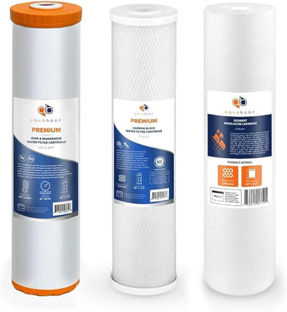 Aquaboon 5 Micron 20 x 4.5 Sediment, Iron & Manganese, CTO Whole House Water Filters Replacement Cartridges Set for 3-Stage Water Filter System