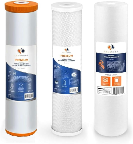 Aquaboon 5 Micron 20 x 4.5 Sediment, Iron & Manganese, CTO Whole House Water Filters Replacement Cartridges Set for 3-Stage Water Filter System