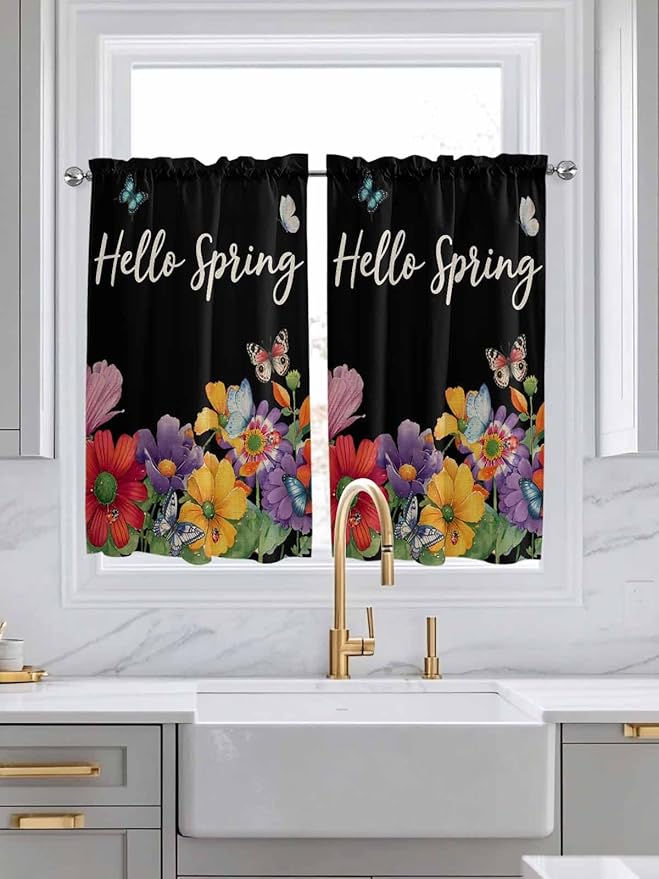 Spring Flowers Tier Curtains 45 Inches Long, Watercolor Country Colorful Floral Black Window Treatment Curtain Drapes, Window Half Privacy Curtains for Bedroom Bathroom, 42"x45", 2 Panels