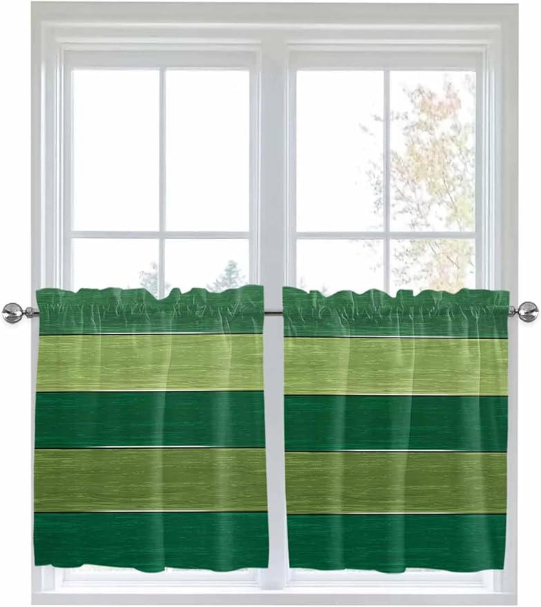 Farm Retro Green Wood Grain Window Valance Curtains, Rustic Wooden Plank Texture Light Filtering Kitchen Valance with 3-inch Rod Pocket for Living Room Bathroom Bedroom,2 Panel,27.5x36In