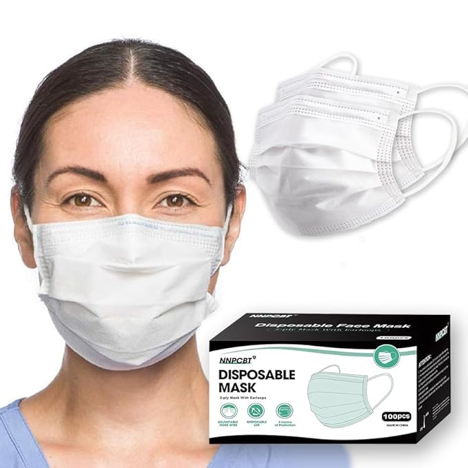 NNPCBT White Disposable Face Masks 100 Pack,3-Ply Breathable Mask For Adults,Great For Outdoors,Home, Office, School