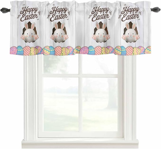Grey Easter Curtain Valances for Windows, Kitchen Valance Window Treatment, Spring Cartoon Bunny Colorful Eggs Wood Grain Light Filtering Block Curtains for Bathroom/Bedroom/Living Room 42'' x 12''