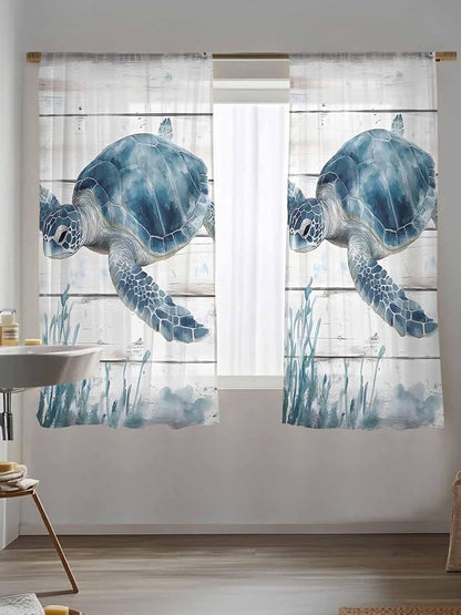 Sheer Curtains 63 Inch Length, Ocean Sea Turtle Semi Sheer Curtains Light Filtering Window Treatment, Coastal Seaweed Vintage Wood Grain Privacy Voile Drapes for Living Room Bedroom 52x63 Inch