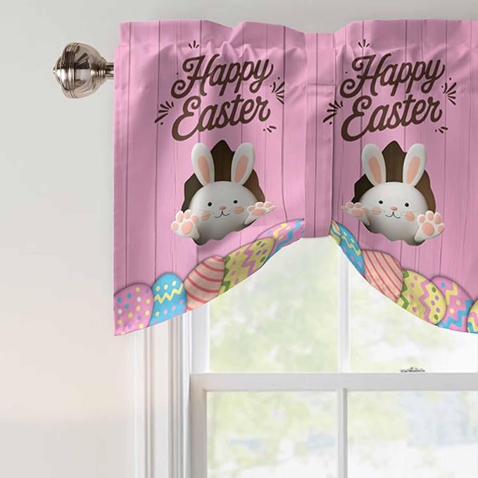 Pink Easter Tie Up Valance Curtains for Windows,Kitchen Curtains Window Shades,Easter Bunny Eggs Spring Cartoon Farmhouse Wood Grain Light Filtering Curtain Valances for Bedroom/Bathroom/Cafe 54"x18"