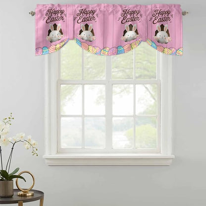 Pink Easter Tie Up Valance Curtains for Windows,Kitchen Curtains Window Shades,Easter Bunny Eggs Spring Cartoon Farmhouse Wood Grain Light Filtering Curtain Valances for Bedroom/Bathroom/Cafe 54"x18"
