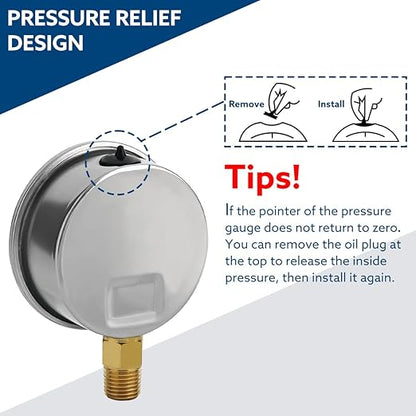 SENCTRL 0-30 PSI Glycerin Liquid Filled Low Pressure Gauge, 2.5" Dial Size, 1/4 NPT, Stainless Steel Case, Lower Mount, for Water Oil Air Pressure Test