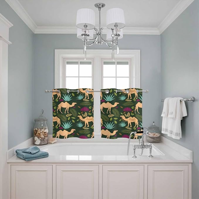 2 Panel Kitchen Cafe Curtains, Retro Desert Camel Sunlight Filtering Nature Air Through, Window Decor Tier Curtains for Living Room 55W x 39L inch Tropical Animal Aloe Vera Leaves Dark Green