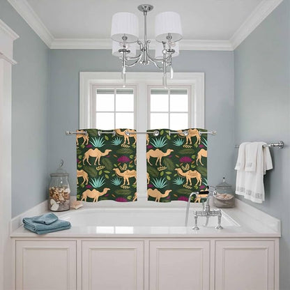 2 Panel Kitchen Cafe Curtains, Retro Desert Camel Sunlight Filtering Nature Air Through, Window Decor Tier Curtains for Living Room 55W x 39L inch Tropical Animal Aloe Vera Leaves Dark Green
