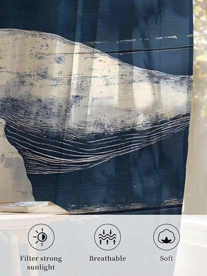 Sheer Curtains 84 Inches Long, Ocean Vintage Whale Semi Sheer Curtains Light Filtering Window Treatment, Summer Retro Wood Grain Privacy Voile Drapes for Living Room Bedroom 52x84 Inch