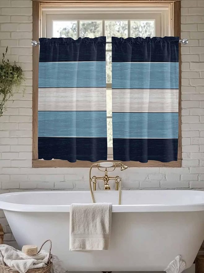 Vintage Country Woodcuts Window Valance Curtains, Blue Gradient Striped Light Filtering Kitchen Valance with 3-inch Rod Pocket for Living Room Bathroom Bedroom,2 Panel,42x45In
