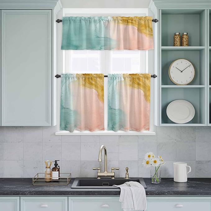 Kitchen Window Curtains Valance and Tier Set, Abstract Desert Mountains Rod Pocket Tier Curtain Valance Set, Modern Minimalist Art Light Filtering Cafe Curtains for Bedroom Living Room