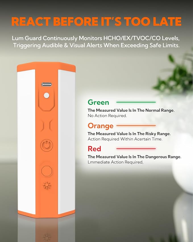 Portable Air Monitor, Lumopal Air Sensor with CO/TVOC/HCHO/EX/Humidity/Temp/Pressure Detector Indoor/Outdoor, VOC Meter CO Detector Gas Alert with 8000mah Long Lasting for Home Camping (Orange)