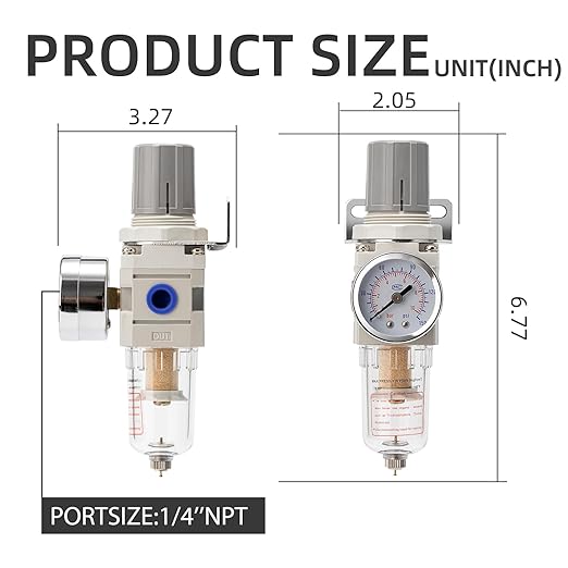 Pneumatic Air Compressor Filter Regulator Combo 1/4" NPT 150 PSI w/Adjustable Gauge-Water Separator,Metal Bracket,Manual Drain,5 Micron Brass Cartridge