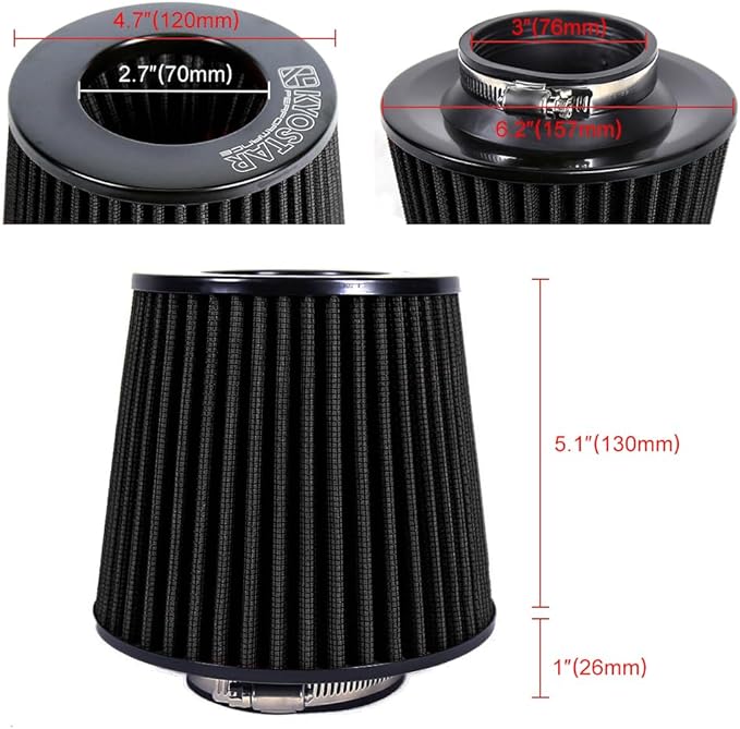 KYOSTAR Universal 3" (76mm) High-Flow Air Filter, Reusable Cone Cold Air Intake, High Performance, Washable, Clamp-On Car High Flow Dry Air Kit, Flange Diameter: 3 Inch, Filter Height: 6.1 Inch, Black