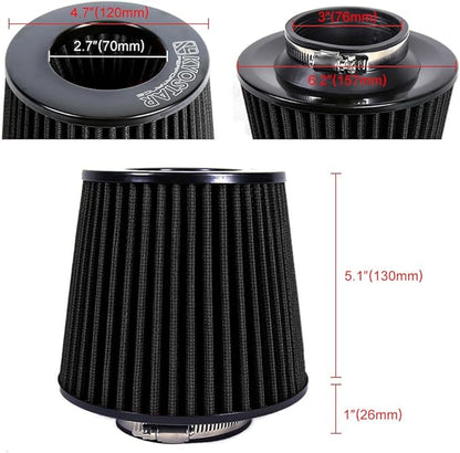 KYOSTAR Universal 3" (76mm) High-Flow Air Filter, Reusable Cone Cold Air Intake, High Performance, Washable, Clamp-On Car High Flow Dry Air Kit, Flange Diameter: 3 Inch, Filter Height: 6.1 Inch, Black