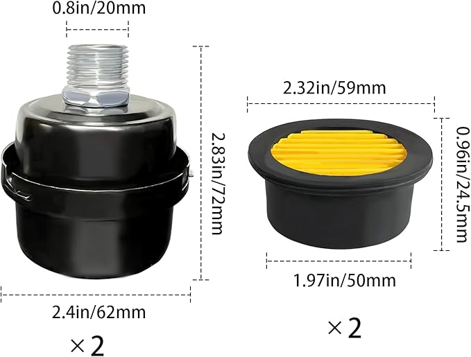 2 Pcs 1/2" Thread Air Compressor Silencer Filter, 20mm Metal Noise Muffler, Intake Filter Replacement for Generators, Blowers, Exhaust Ports, Air Compressor Parts