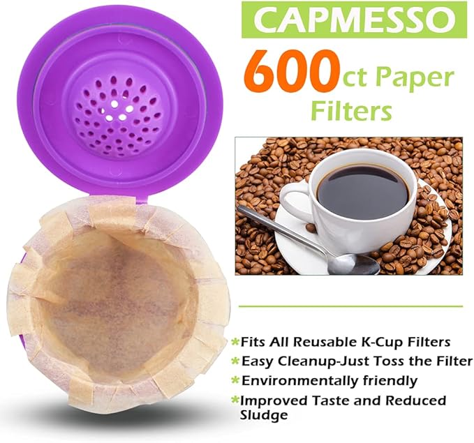 CAPMESSO Disposable Coffee Paper Filters Replacement Kerig Coffee Filters Compatible with Reusable Single Serve Pods Keurig Coffee Maker-600 Count (Natural)