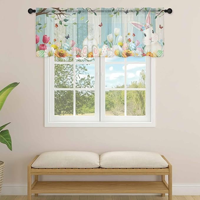 Easter Sheer Valances for Windows 42"x12", Light Filtering Kitchen Curtains Valance, Spring Watercolor Bunny Eggs Tulip Wooden Grain Rod Pocket Chiffon Curtains for Living Room Bedroom Cafe