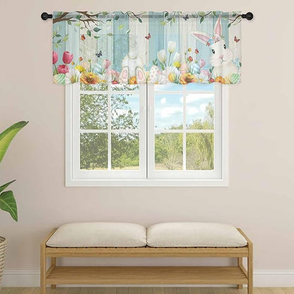 Easter Sheer Valances for Windows 42"x12", Light Filtering Kitchen Curtains Valance, Spring Watercolor Bunny Eggs Tulip Wooden Grain Rod Pocket Chiffon Curtains for Living Room Bedroom Cafe