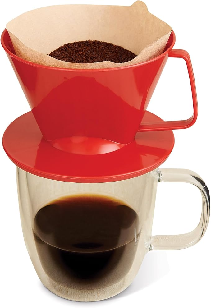 Fino Pour-Over Coffee Brewing Filter Cone, Number 4-Size, Red, Brews 8 to 12-Cups, Set of 2
