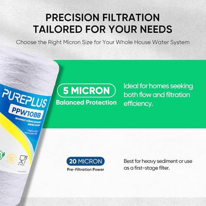 PUREPLUS 5 Micron 10 x 4.5 Whole House String Wound Sediment Filter for Well Water, Replacement Cartridge for 84637, WPX5BB97P, PC10, 355214-45, 355215-45, WP10BB97P, WP5BB97P, 4Pack