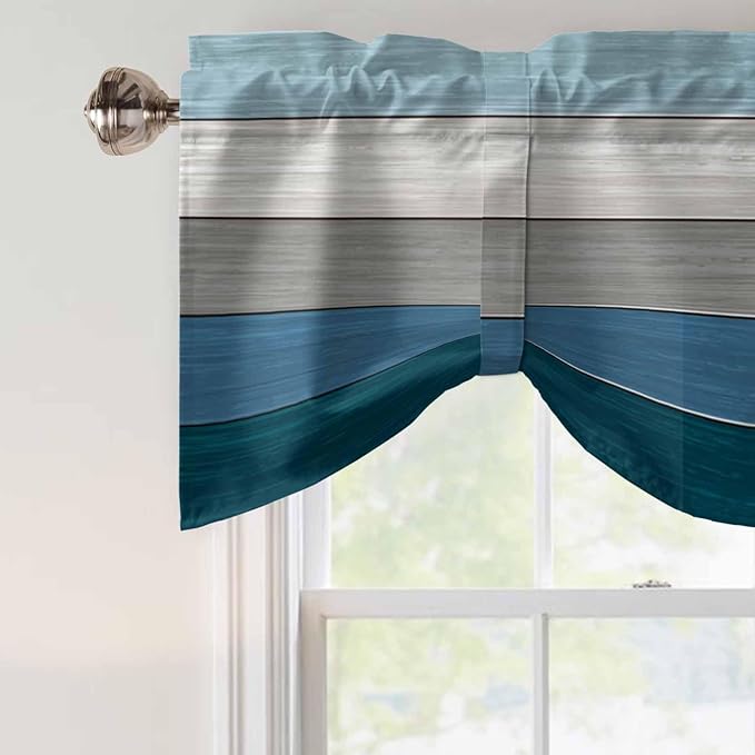 Blue Ombre Wooden Tie Up Valance Curtains for Windows, Kitchen Curtains Window Shades, Farmhouse Retro Wood Gradient Light Filtering Roman Curtain Valances for Bedroom/Bathroom/Cafe 42"x12"