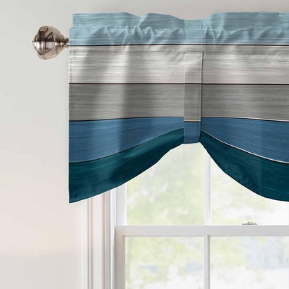 Blue Ombre Wooden Tie Up Valance Curtains for Windows, Kitchen Curtains Window Shades, Farmhouse Retro Wood Gradient Light Filtering Roman Curtain Valances for Bedroom/Bathroom/Cafe 54"x18"