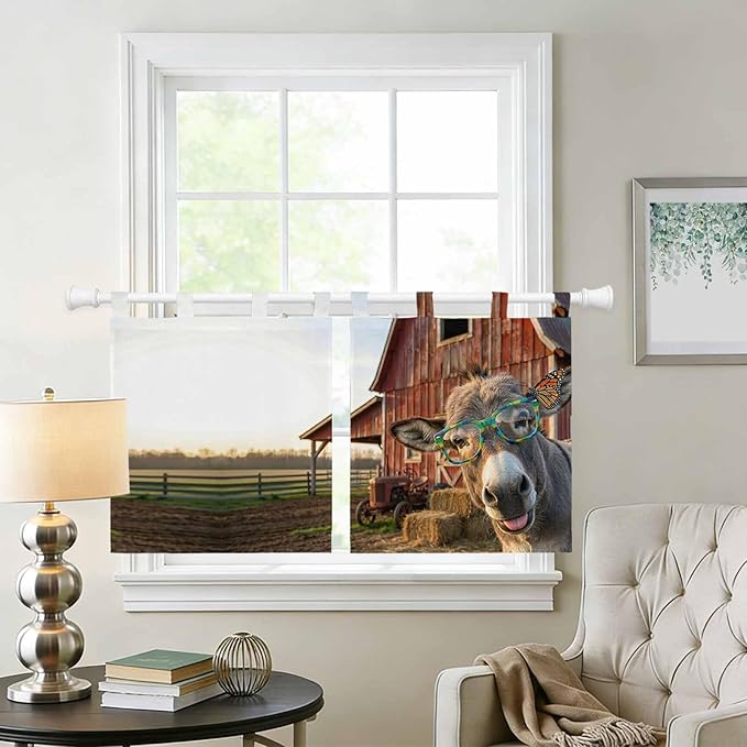 Farm Donkeys Kitchen Curtains 36 Inch Length, Small Window Curtains Tab Top, Farmhouse Barn Funny Animals Butterfly Light Filtering Short Window Treatments Tier Drapes 27.5"x36" 2 Panel