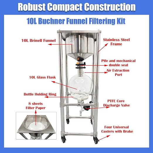 10L Vacuum Buchner Funnel Filtering Kit Glass Vacuum Suction Filter with 304 Stainless Steel Buchner Funnel & Glass Filter Flask Negative Pressure Filtration for Lab Liquid-Liquid Extraction