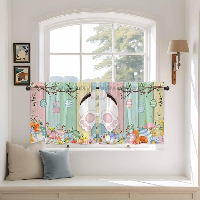 Easter Kitchen Tier Curtains 36 Inch Long 2 Panel Set,Rod Pocket Half Window Curtains Over Sink,Spring Colorful Bunny Eggs Flower Wood Grain Light Filtering Short Drapes Cafe 27.5"W x 36"L