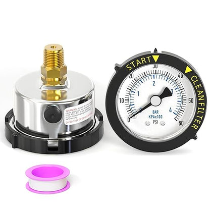 0-60PSI Stainless Steel Pool Filter Pressure Gauge, 1/4" NPT Back Mount, with Plastic Adjustable Bezel, Start and Clean Filter Pressure Gauge, for Swimming Pool, spa, Aquarium