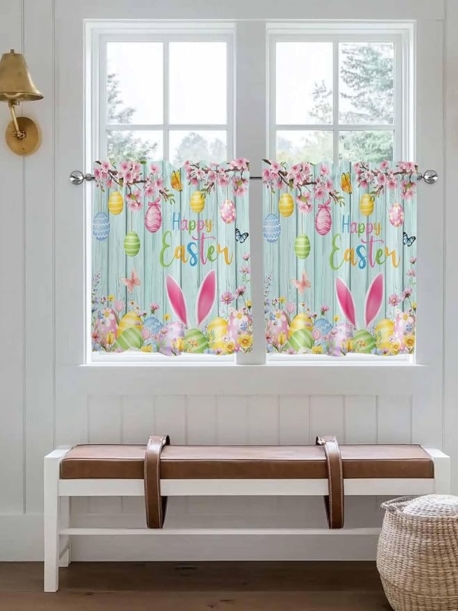 Happy Easter Half Window Curtains 24 Inches Long, Spring Bunny Eggs Flower Teal Wood Grain Window Treatment Curtain Drapes, Short Curtains Tiers for Kitchen Over Sink, 27.5"x24", 2 Panels