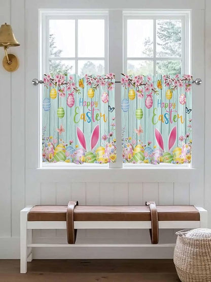 Happy Easter Half Window Curtains 24 Inches Long, Spring Bunny Eggs Flower Teal Wood Grain Window Treatment Curtain Drapes, Short Curtains Tiers for Kitchen Over Sink, 27.5"x24", 2 Panels