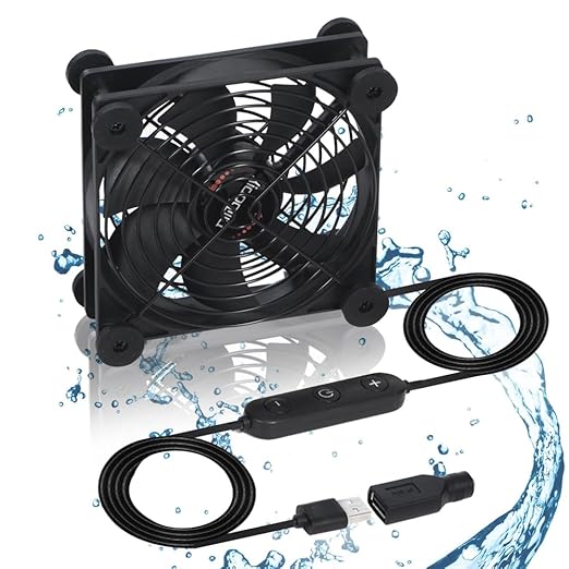 Quiet 120mm USB 5V/12V DC Fan - IPX5 Waterproof, 10 Speed, Portable Cooling Fan for Tablet, TV, Receiver, Router, DVR, Xbox, Greenhouse, Kennel, Computer Cabinet & Component Cooling
