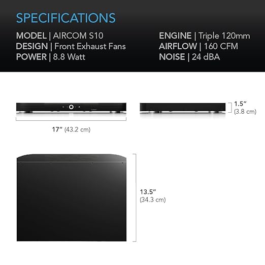 AC Infinity AIRCOM S10, Quiet Cooling Blower Fan System 17" Front-Exhaust for Receivers, Amps, DVR, AV Cabinet Components