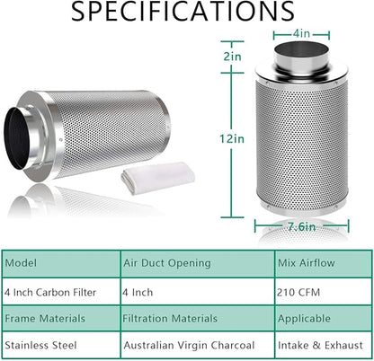 Ventilation Kit, 4 Inch Inline Fan 200 CFM Exhaust Blower, 4 Inch Carbon Fiber Filter Exhaust Fan Combo with 8 Feet Duct for Hydroponic Grow Tents and Basements