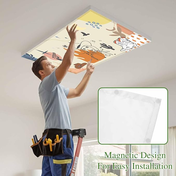 Fluorescent Light Covers for Ceiling Lights Boho Abstract Geometric Magnetic Light Filters 4 Pack 4x2 ft Cactus Cowboy Hat Ceiling Lights Cover for Classroom Office School Home Drop Lamp Decor